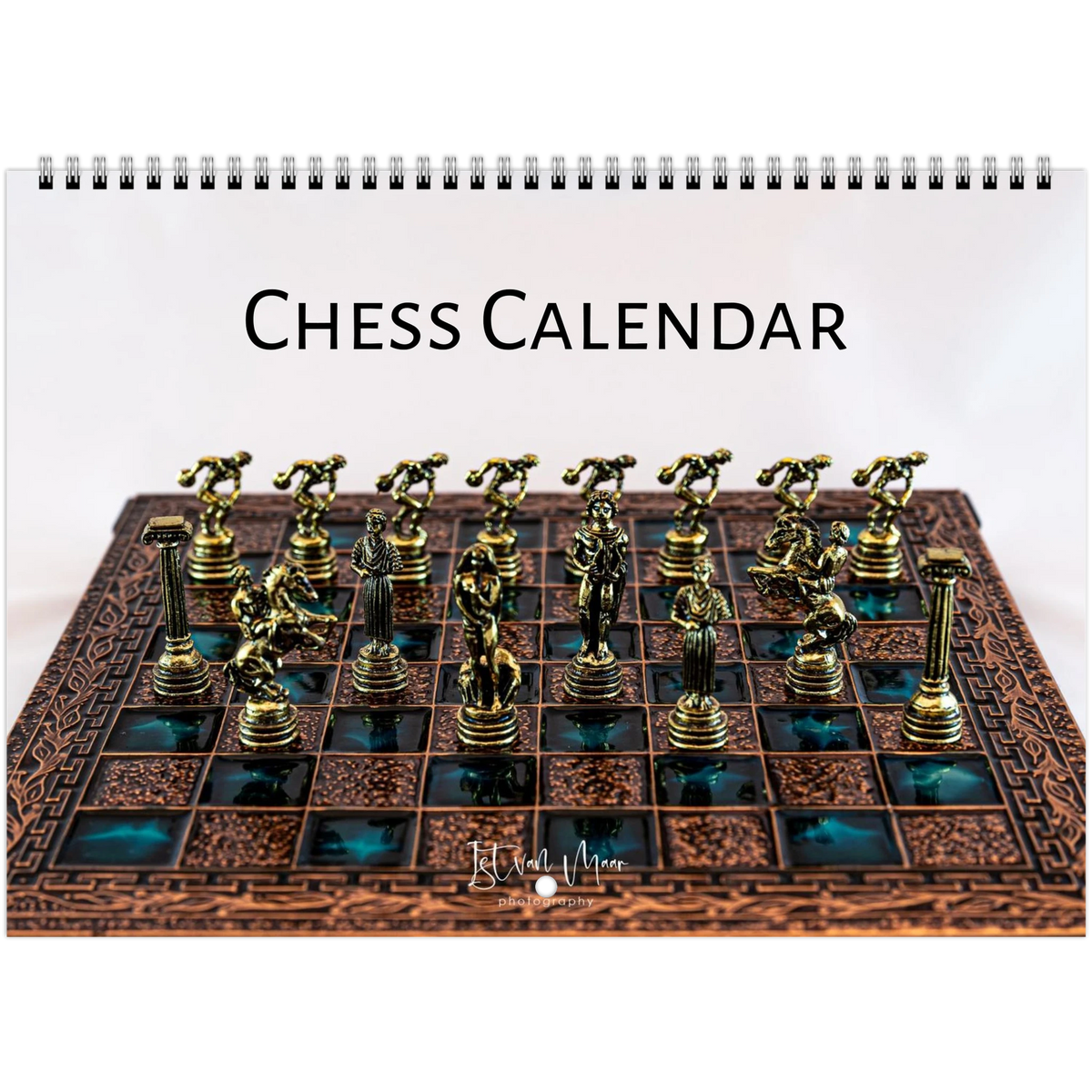 2027 Chess Wall Calendar (English) cover – gold Roman-style chess set, by Istvan Maar Photography