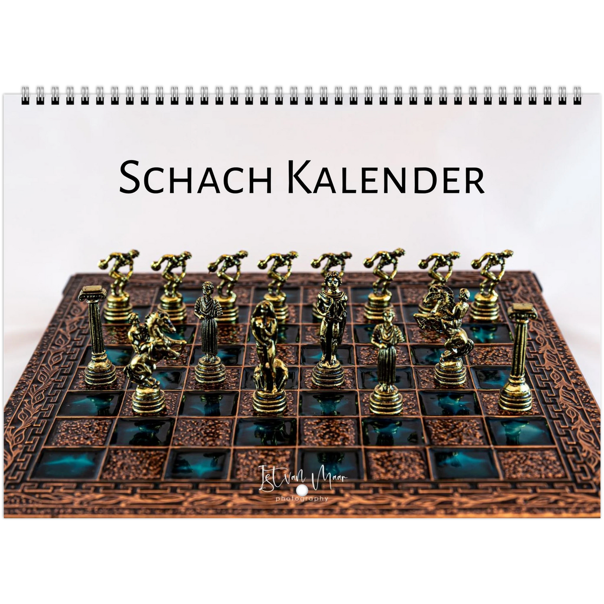 2027 Chess Wall Calendar – German language cover (Schach Kalender), gold Roman-style chess set, by Istvan Maar Photography