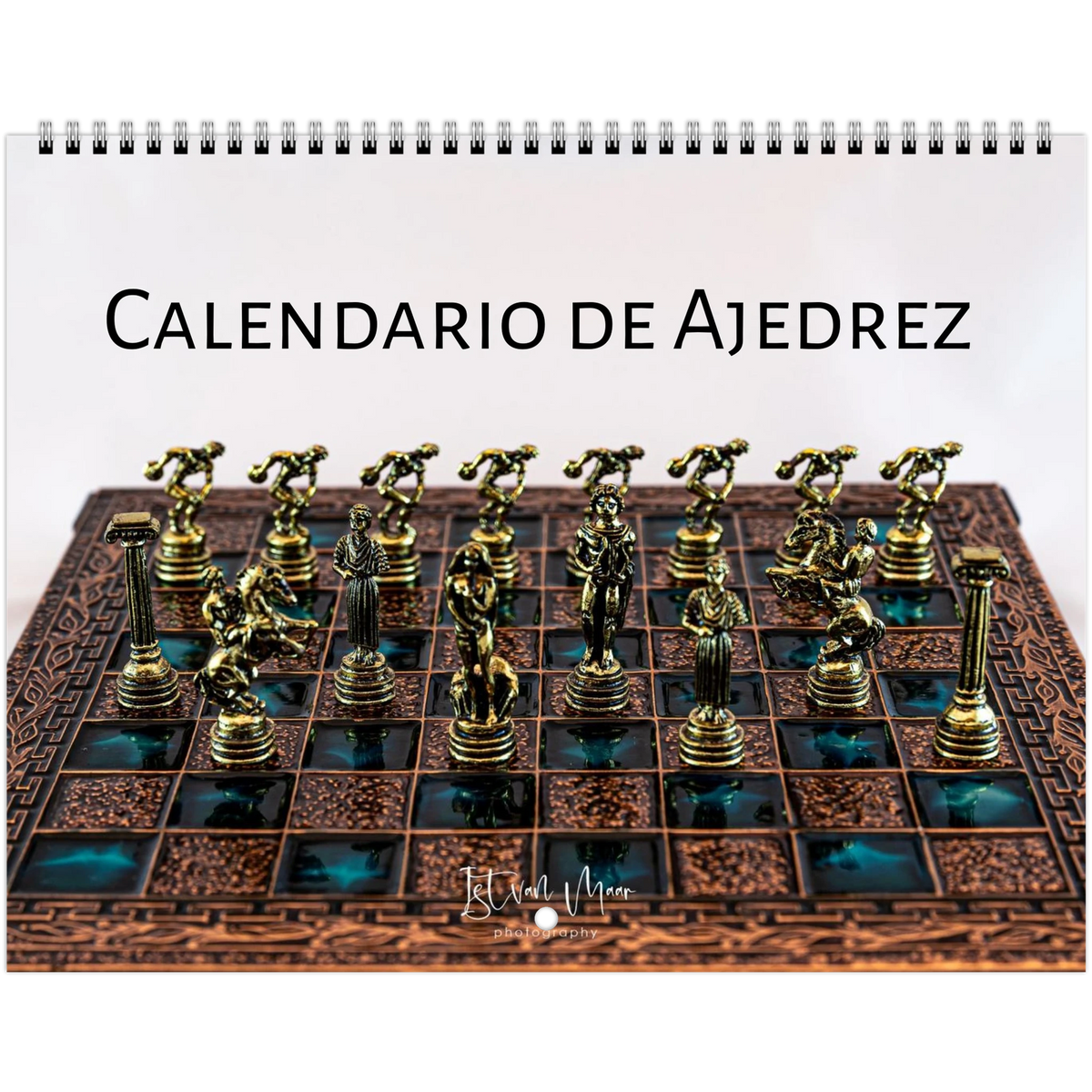 2027 Chess Wall Calendar – Spanish language cover (Calendario de Ajedrez), gold Roman-style chess set, by Istvan Maar Photography