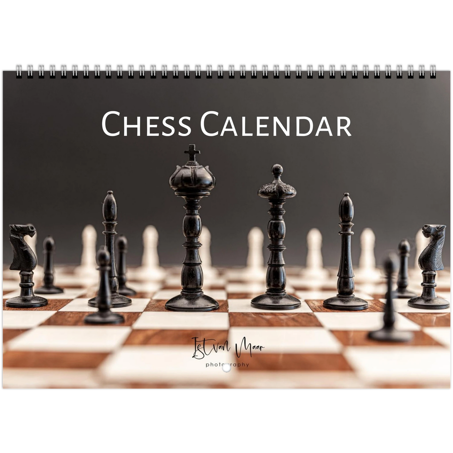 Chess wall calendar by Istvan Maar Photography, featuring chess boards and sets from different cultures.  