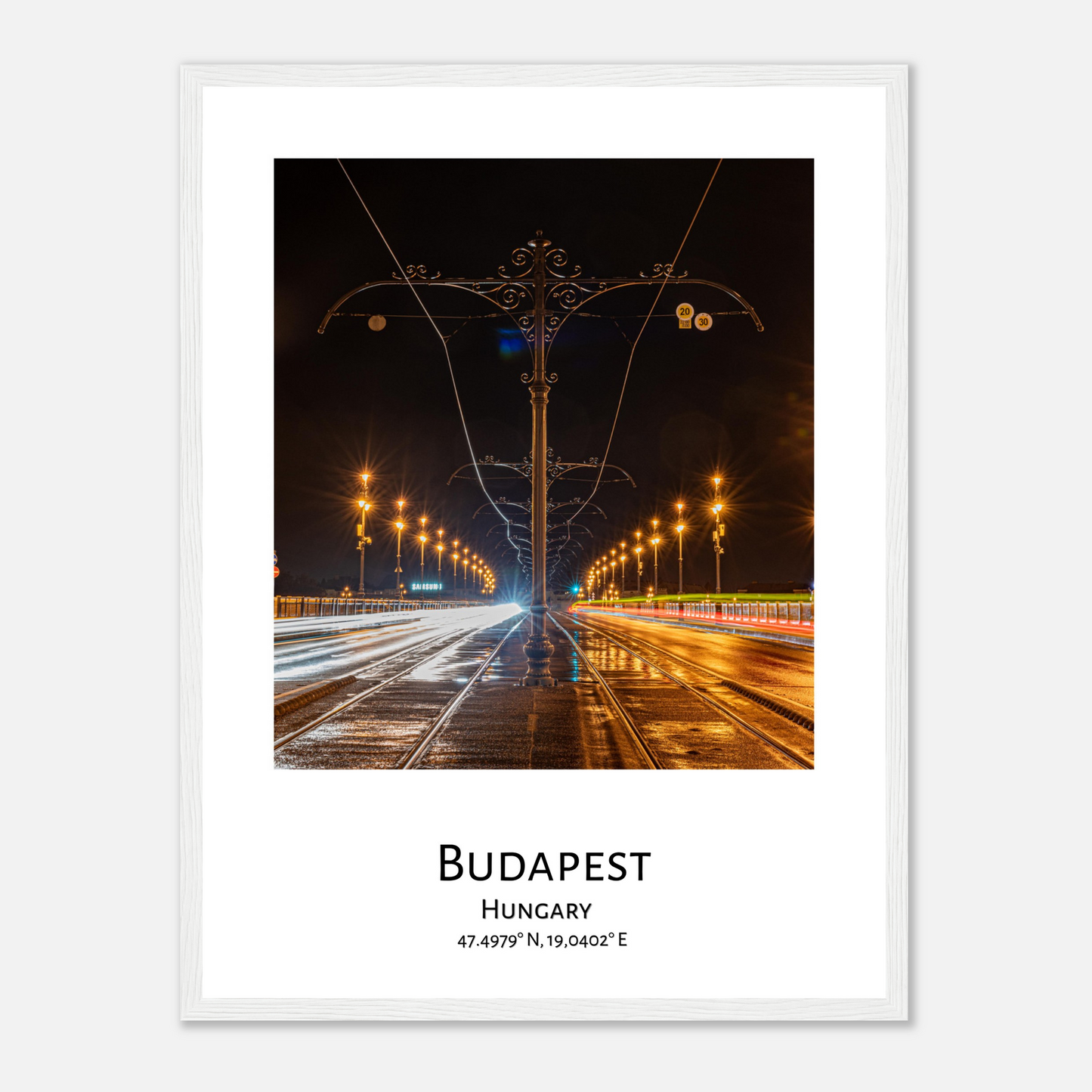 Personalized framed Budapest travel poster - Margaret bridge by night - white frame - close-up