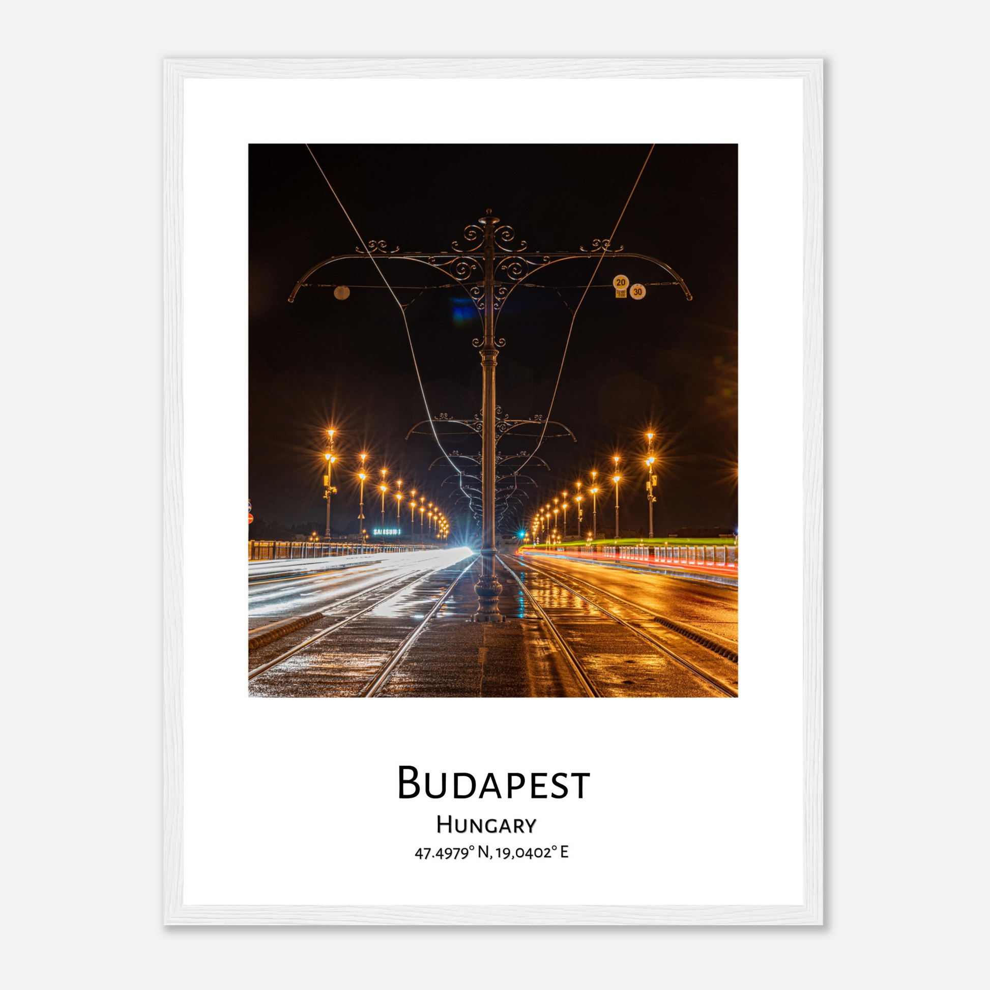 Personalized framed Budapest travel poster - Margaret bridge by night - white frame - close-up