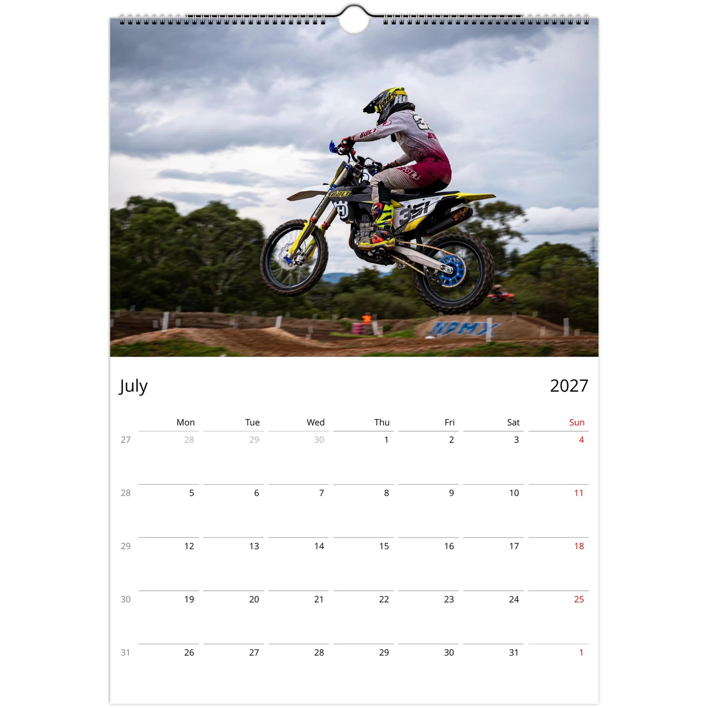 2027 Motorcycle Wall Calendar - open calendar view with motorcycle detail