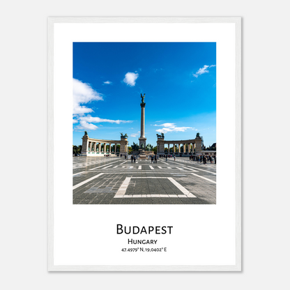 Personalised framed Budapest poster by Istvan Maar Photography - Heroes' Square - white frame - close-up