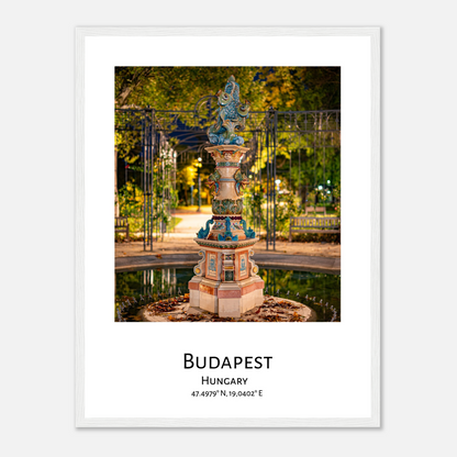 Personalised framed Budapest poster - Zsolnay fountain - white frame - close-up