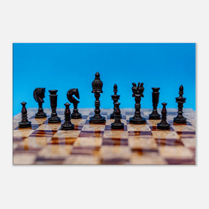 Wooden Chess Set Canvas with blue background by Istvan Maar Photography - close-up