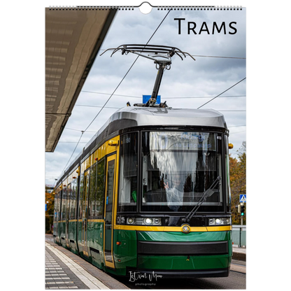 Tram on a platform with 'Trams' text at the top. Personalised 2027 calendar by Istvan Maar Photography.