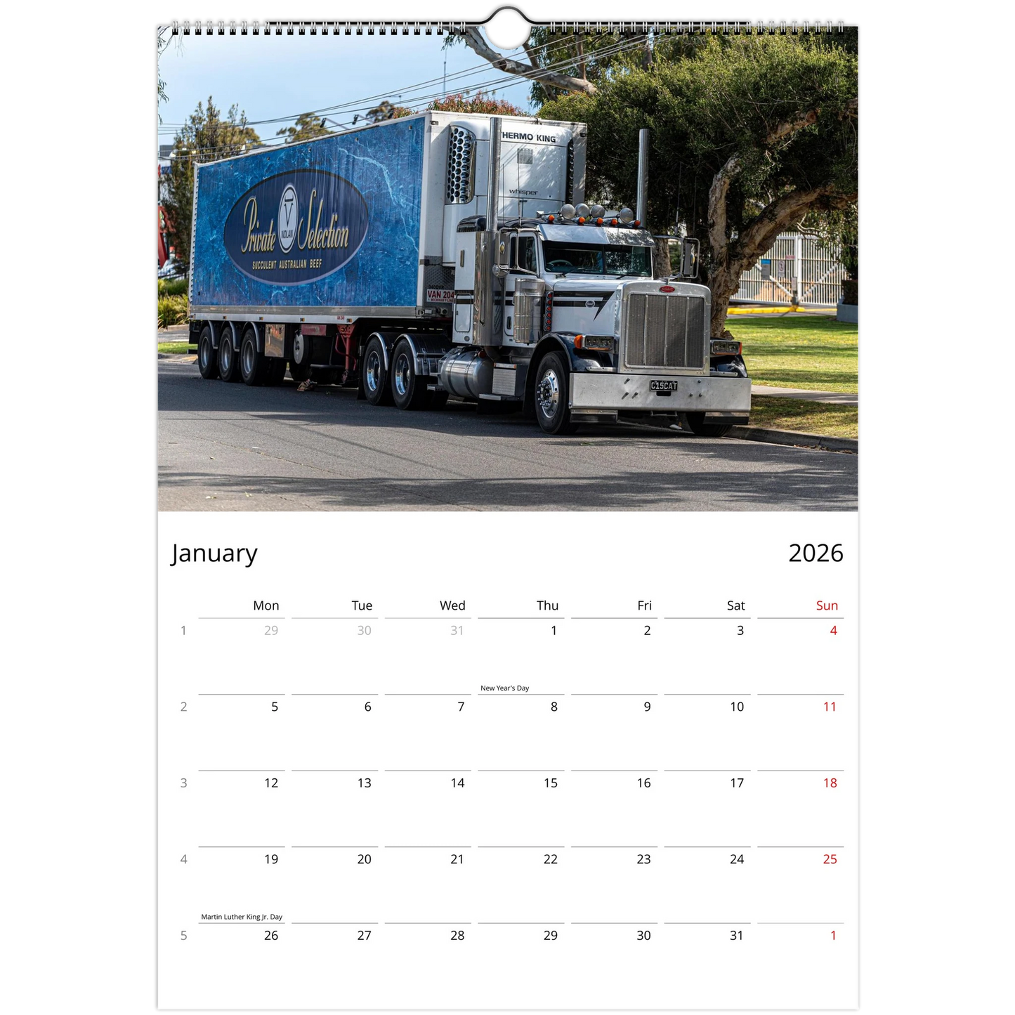 2027 Trucks Wall Calendar – product packaging and spiral binding detail