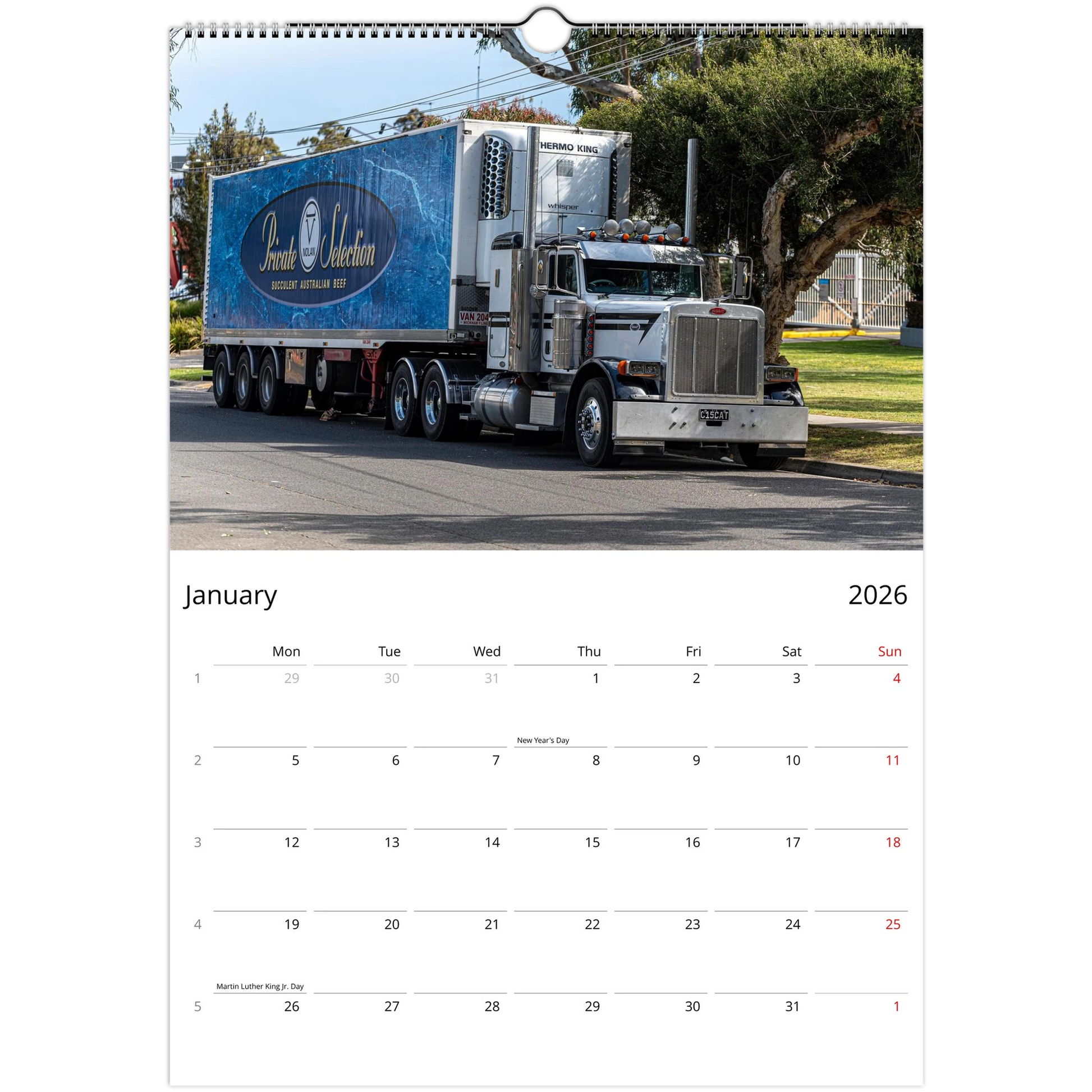 2027 Trucks Wall Calendar – product packaging and spiral binding detail