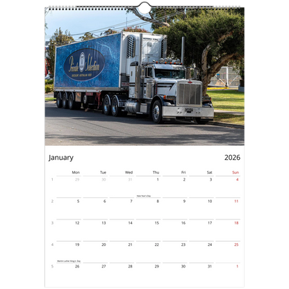 2027 Trucks Wall Calendar – product packaging and spiral binding detail