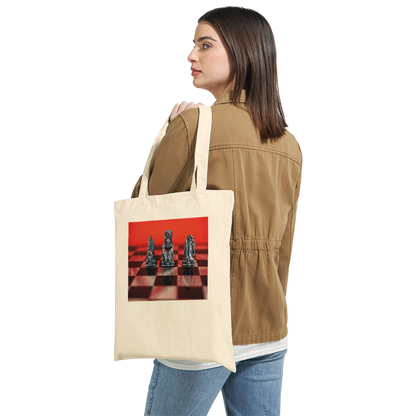 A woman wearing a tan jacket and blue jeans is shown from the back holding a cream canvas tote bag over her shoulder. The tote bag features a printed graphic of black chess pieces on a red and black checkered board.
