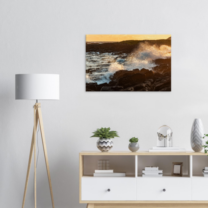 Sundown black rocks with waves on canvas by Istvan Maar Photography - living room