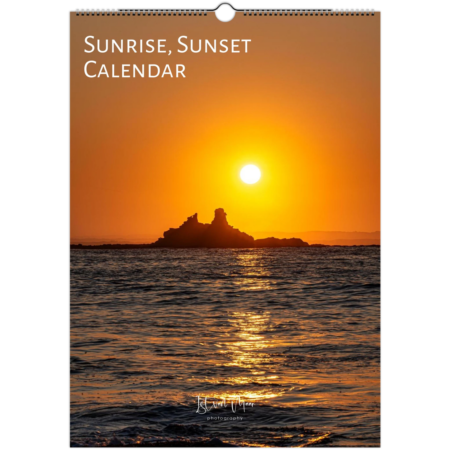 A wall calendar titled 'SUNRISE, SUNSET CALENDAR' featuring a sunset over the sea with a rocky island silhouette. The cover has a hanging loop at the top and a small script logo near the bottom.