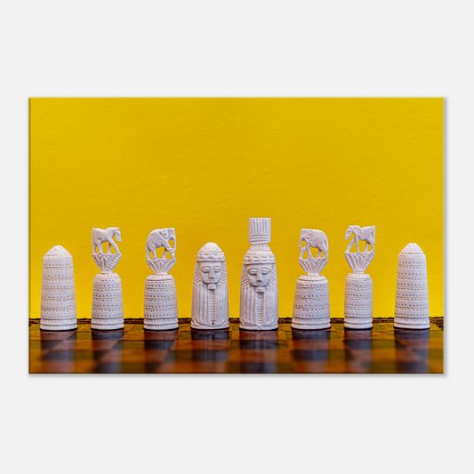 Bone Chessmen Canvas with yellow background by Istvan Maar Photography - close-up