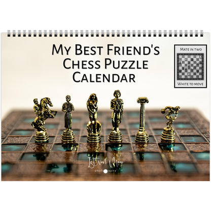 2025 Chess Wall Calendar by Istvan Maar Photography featuring intricate chess sets and challenging monthly puzzles.