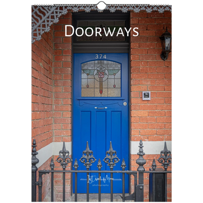 Calendar cover with a blue door on a brick wall, featuring the title 'Doorways' and photographer's name.