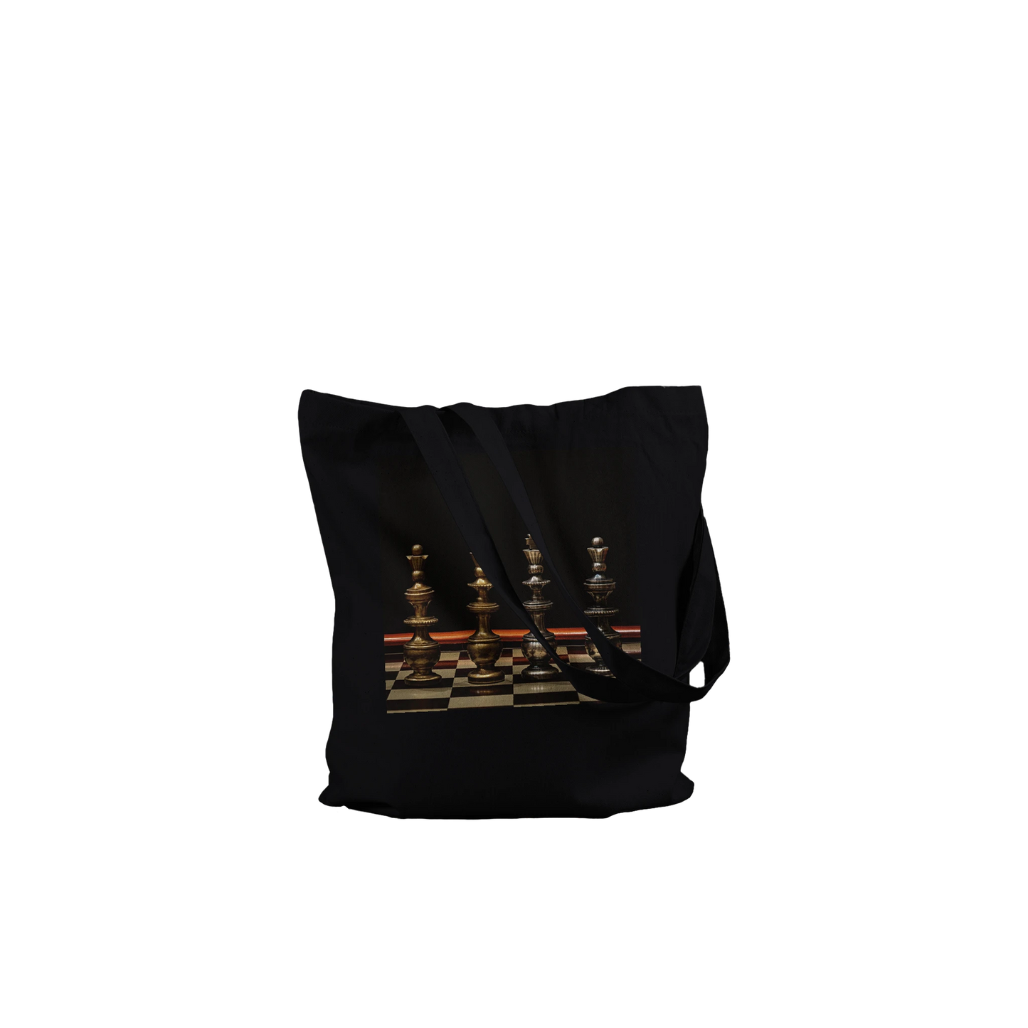 Bronze Chess Set Tote Bag Black Classic – ornate gold and silver chess kings and queens on chessboard