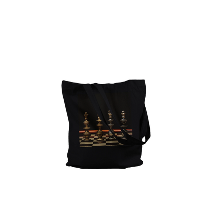 Bronze Chess Set Tote Bag Black Classic – ornate gold and silver chess kings and queens on chessboard