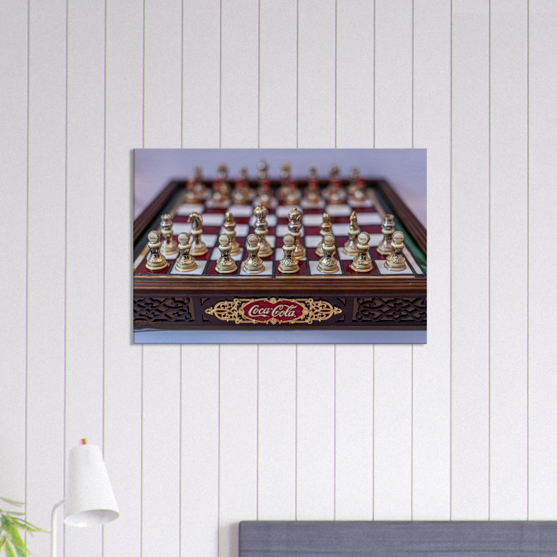 Coca-Cola themed chess set canvas by Istvan Maar Photography - close-up in bedroom