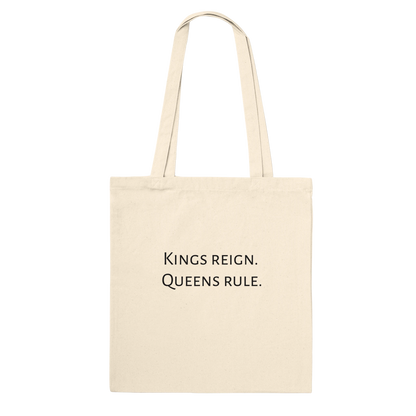 Back of Bronze Chess Set Tote Bag Natural Classic – Kings reign. Queens rule. printed in black serif font