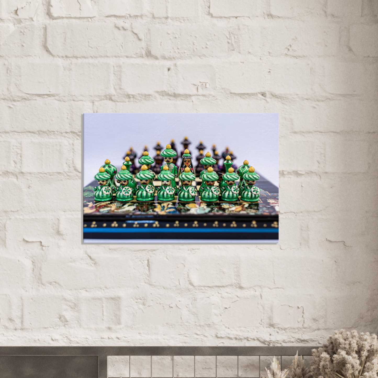 Hand painted chess set canvas by Istvan Maar Photography - white brick wall decor