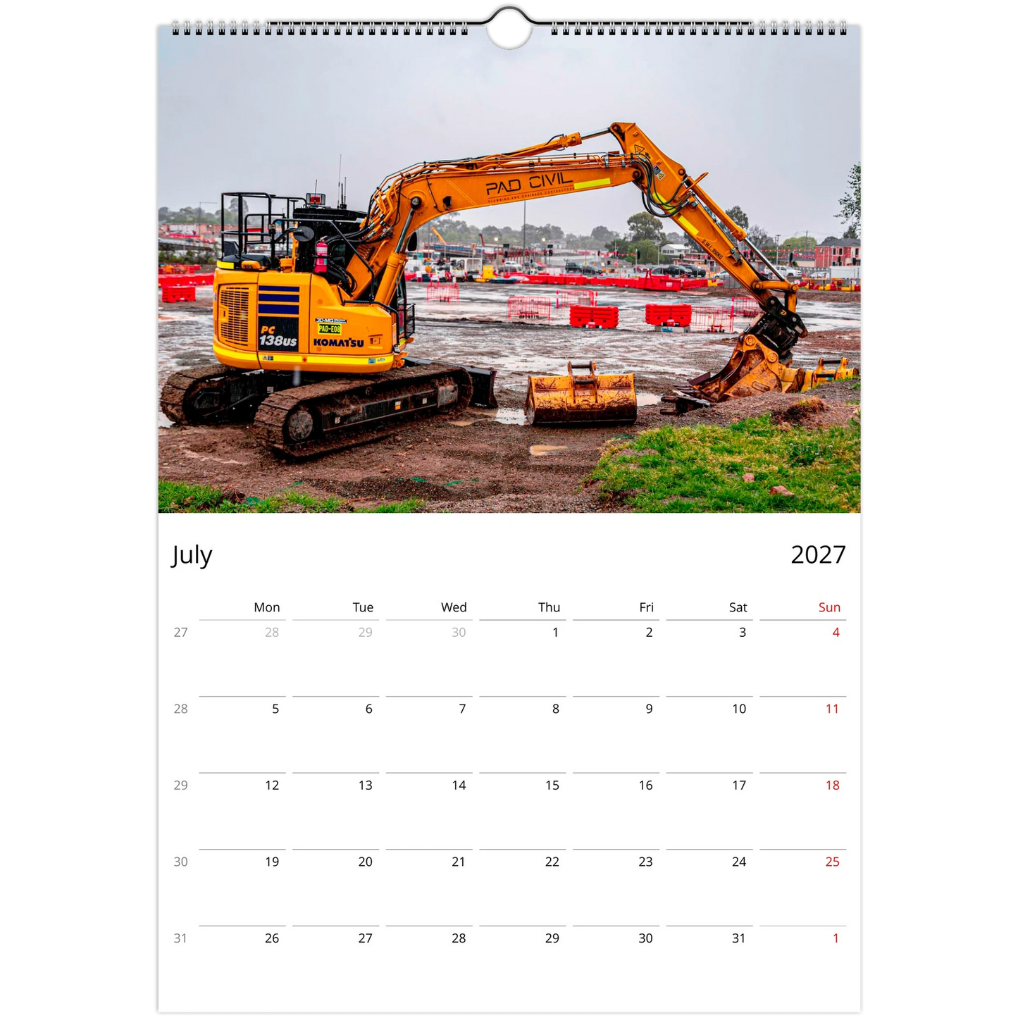 2027 Excavator Wall Calendar – product packaging and spiral binding detail