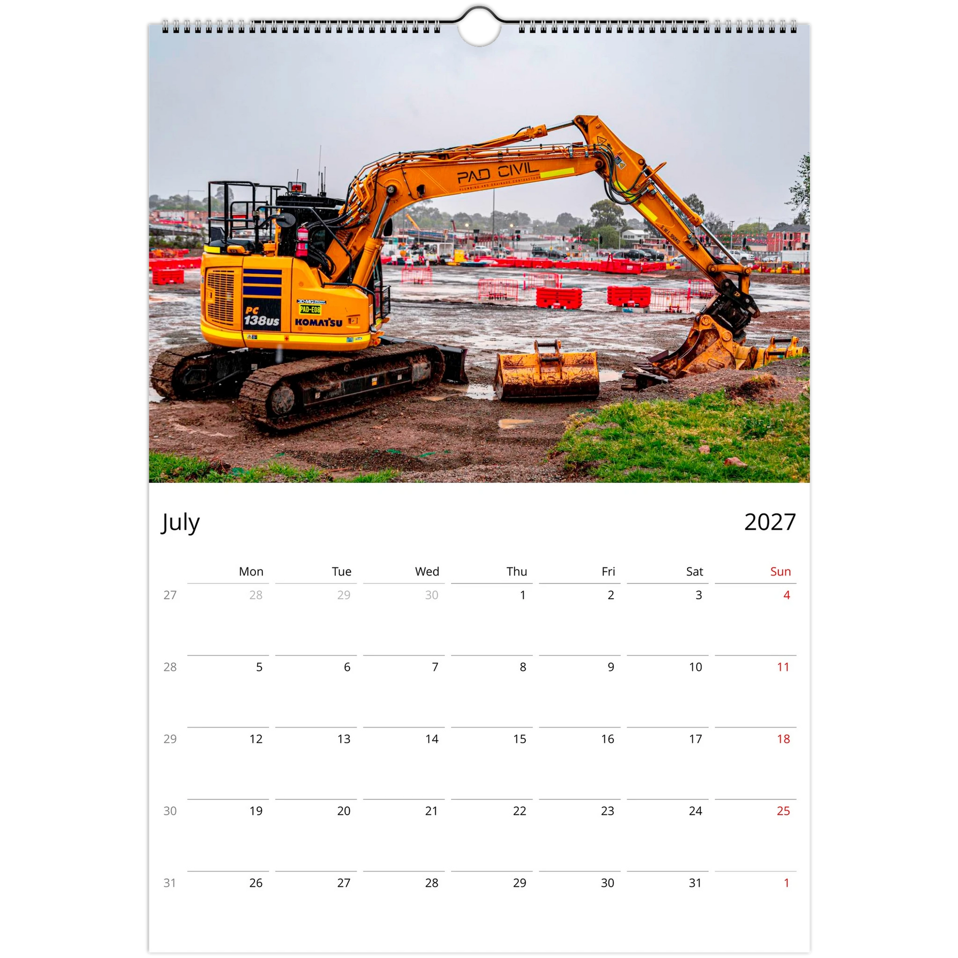 2027 Excavator Wall Calendar – product packaging and spiral binding detail