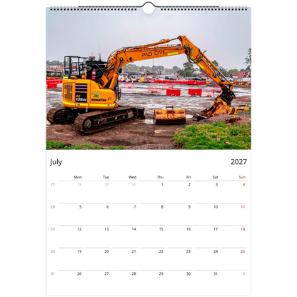 2027 Excavator Wall Calendar – product packaging and spiral binding detail