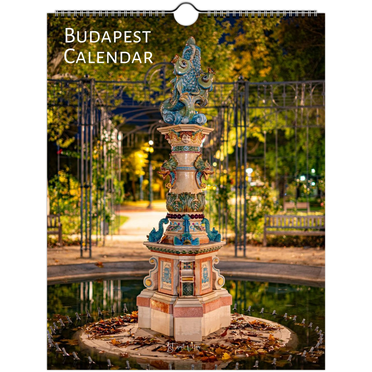 Budapest Calendar wall calendar cover featuring a nighttime photograph of a decorative fountain in Budapest, with the title 'BUDAPEST CALENDAR' printed at the top.