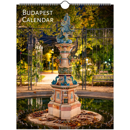 Budapest Calendar wall calendar cover featuring a nighttime photograph of a decorative fountain in Budapest, with the title 'BUDAPEST CALENDAR' printed at the top.