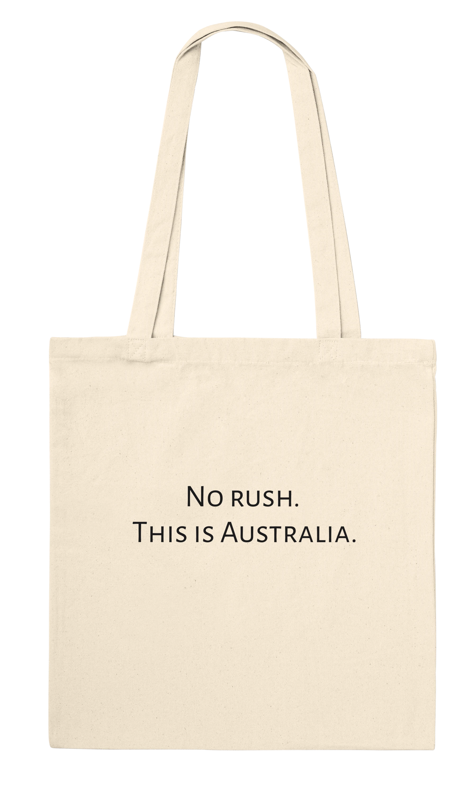 Back of natural canvas kangaroo tote bag showing personalised quote – No Rush This Is Australia