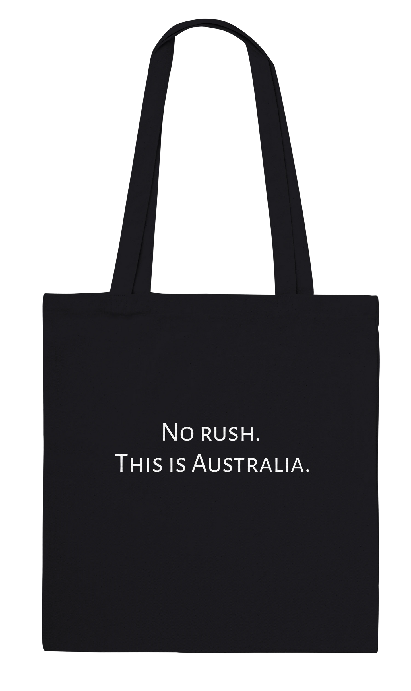 Back of black kangaroo tote bag showing personalised quote – No Rush This Is Australia