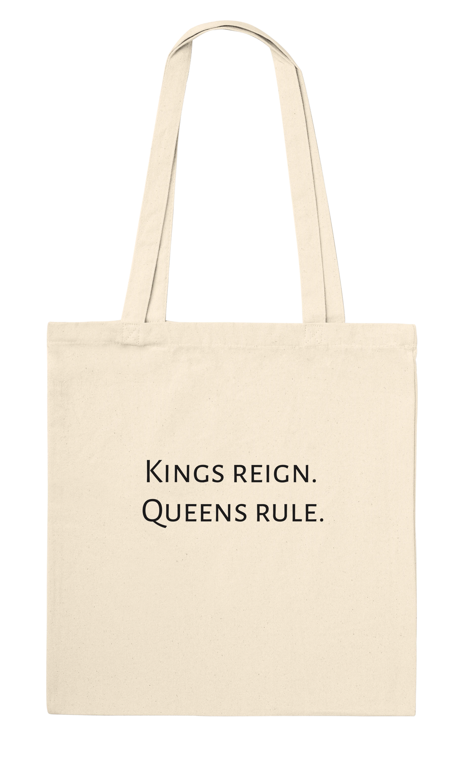 Back of Bronze Chess Set Tote Bag Natural Classic – Kings reign. Queens rule. printed in white serif font