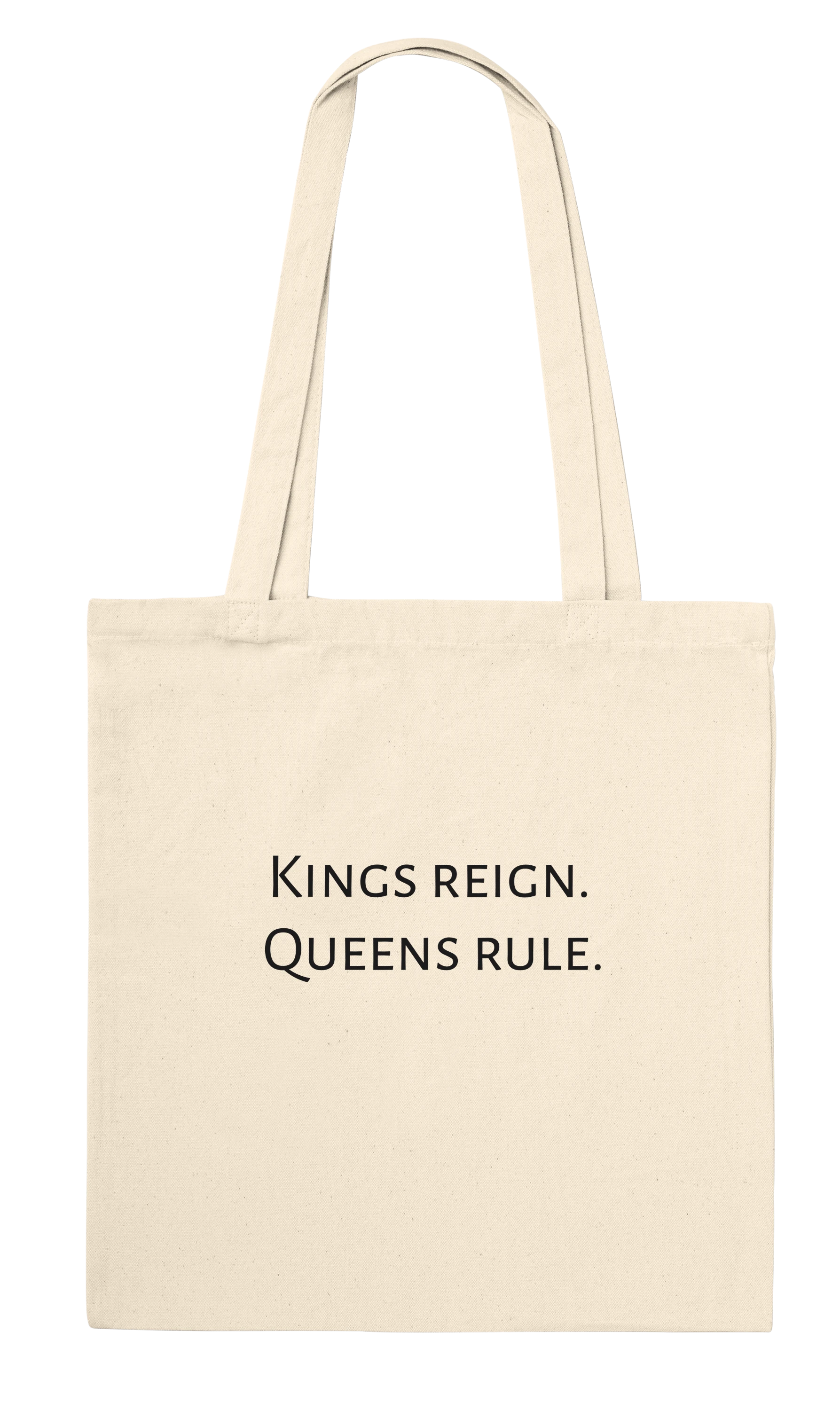 Back of Bronze Chess Set Tote Bag Natural Classic – Kings reign. Queens rule. printed in white serif font