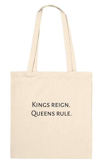 Back of Bronze Chess Set Tote Bag Natural Classic – Kings reign. Queens rule. printed in white serif font