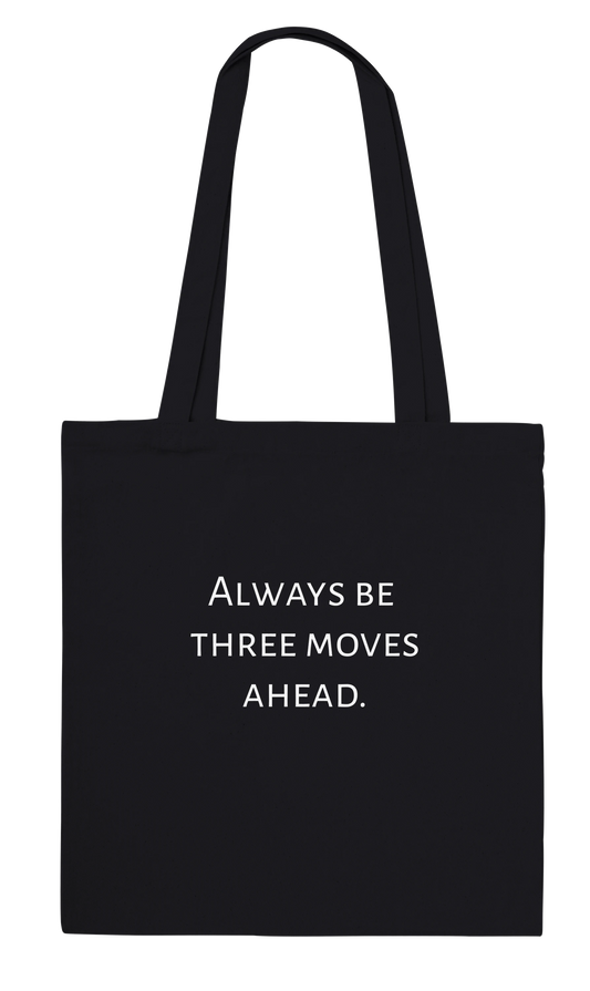 Back of personalised black chess tote bag showing custom text – Always Be Three Moves Ahead