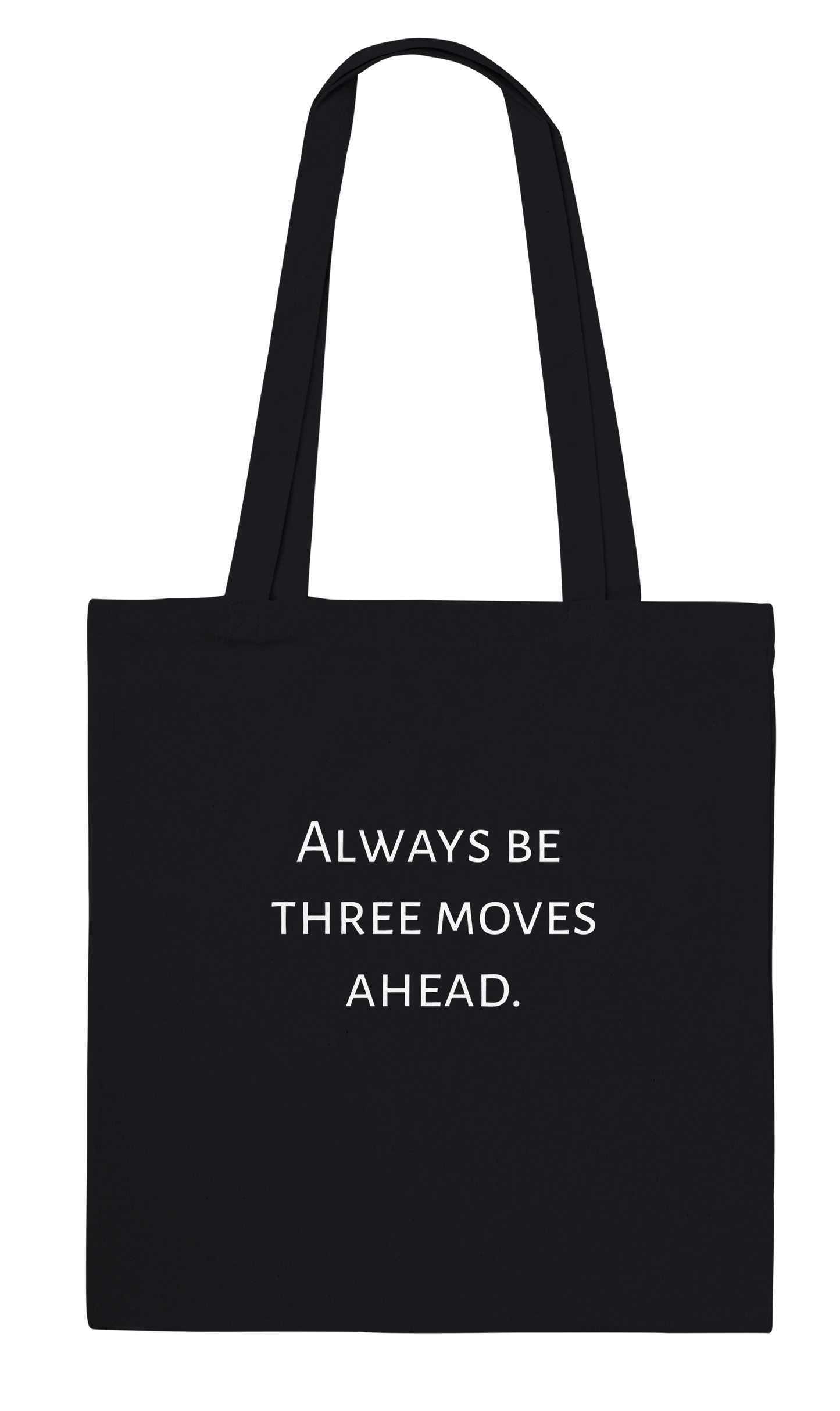 Back of personalised black chess tote bag showing custom text – Always Be Three Moves Ahead