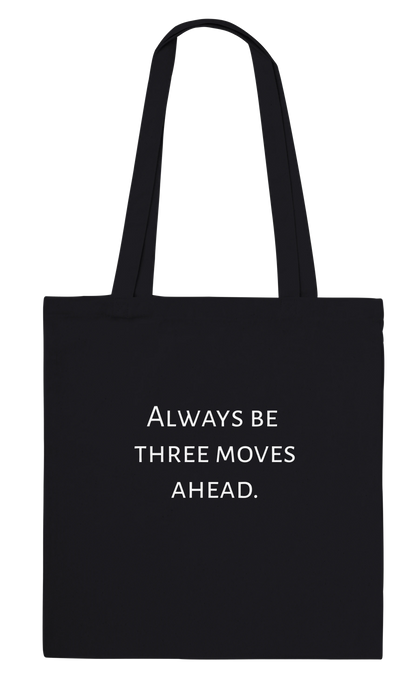 Back of personalised black chess tote bag showing custom text – Always Be Three Moves Ahead