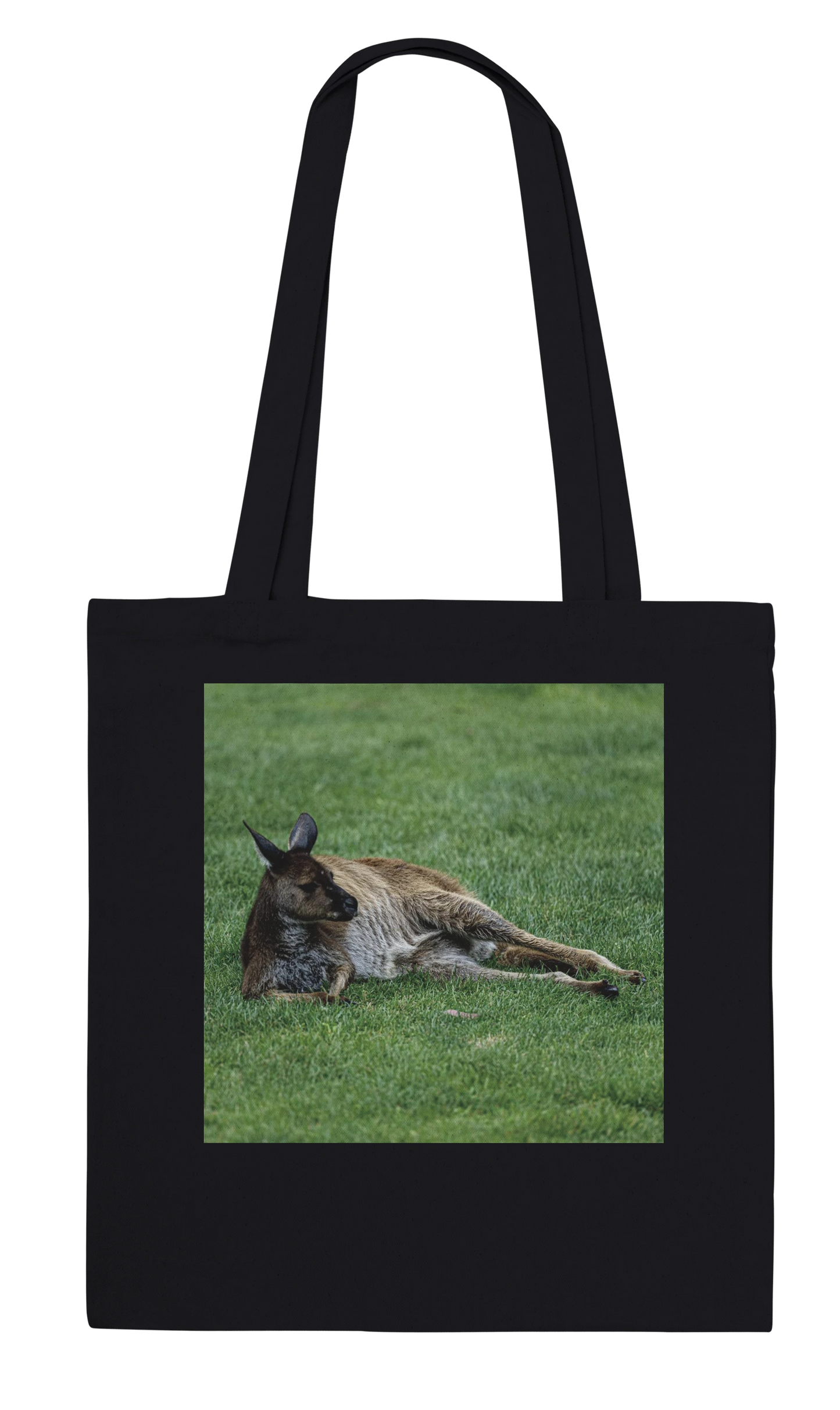 Front of black canvas kangaroo tote bag – lazy lounging kangaroo wildlife art print