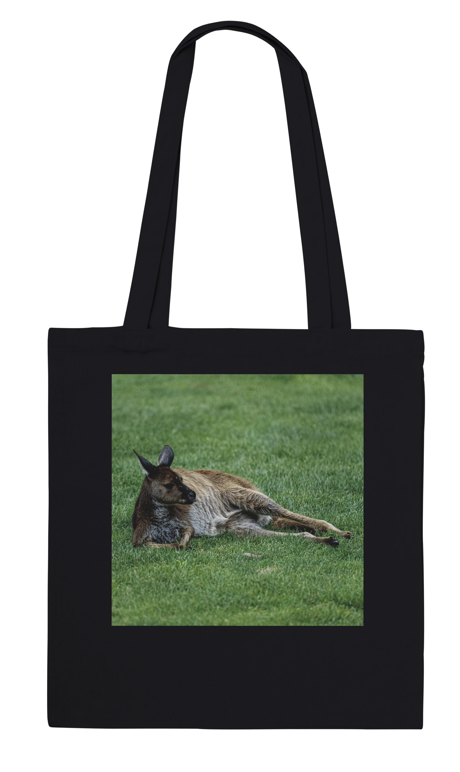 Front of black canvas kangaroo tote bag – lazy lounging kangaroo wildlife art print