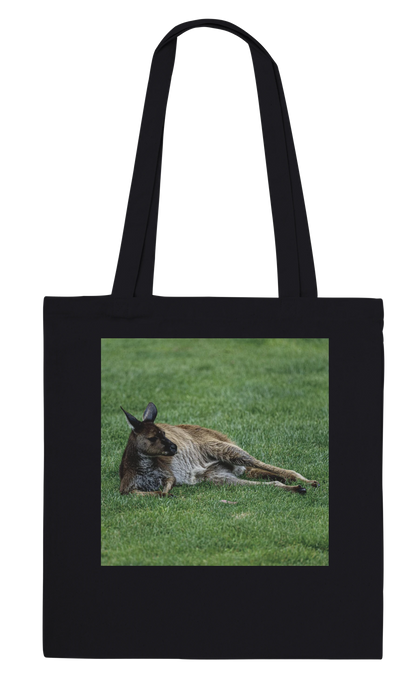 Front of black canvas kangaroo tote bag – lazy lounging kangaroo wildlife art print