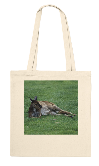 Front of natural canvas kangaroo tote bag – lazy lounging kangaroo wildlife art print by Istvan Maar Photography