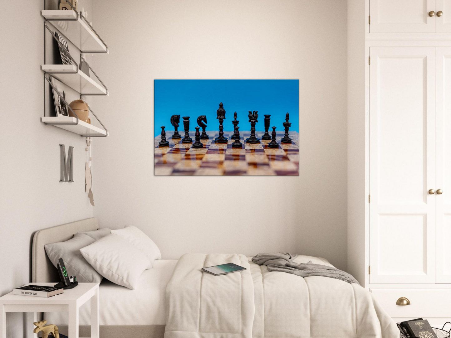 Wooden Chess Set Canvas with blue background by Istvan Maar Photography - teen's room décor