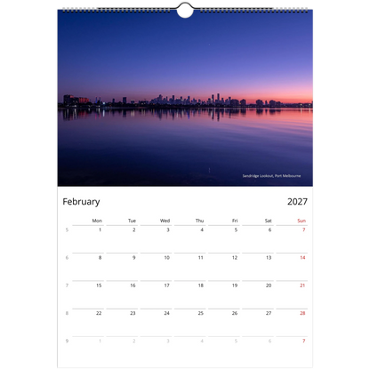 2027 Melbourne Wall Calendar - open calendar view with cityscape detail
