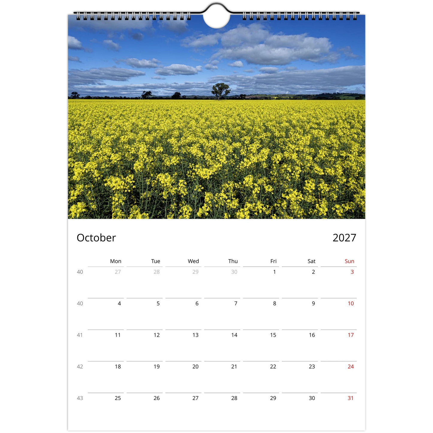A spiral-bound wall calendar page showing a photograph of a bright yellow flower field under a blue sky with clouds, with the calendar grid for October 2027 below.