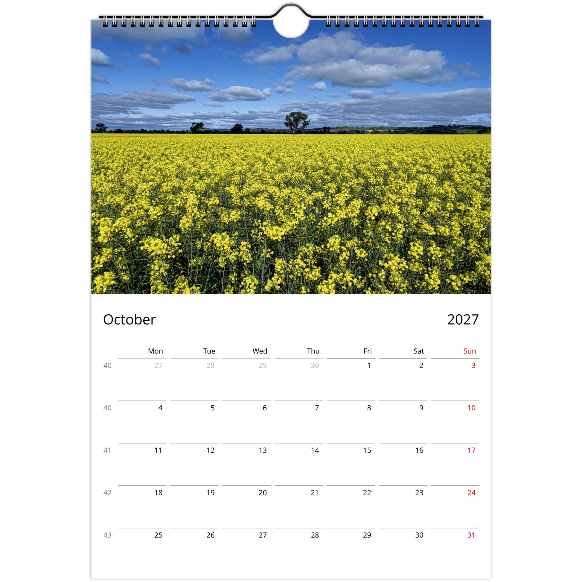 A spiral-bound wall calendar page showing a photograph of a bright yellow flower field under a blue sky with clouds, with the calendar grid for October 2027 below.