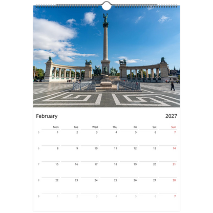 Hungary Wall Calendar – open calendar view with Hungarian landmark detail, available in A4, A3, LT and LG sizes.