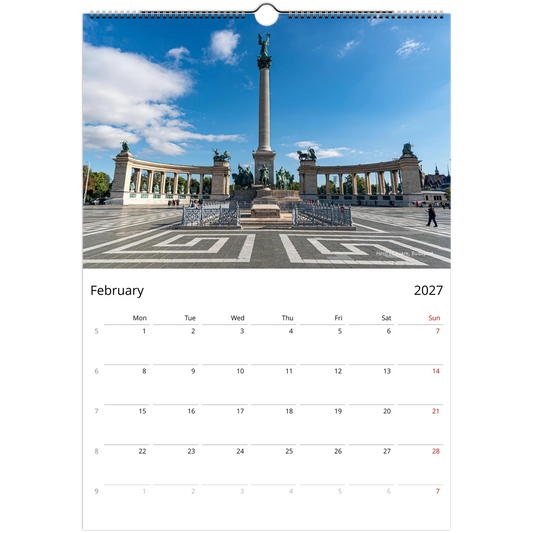 Hungary Wall Calendar – open calendar view with Hungarian landmark detail, available in A4, A3, LT and LG sizes.