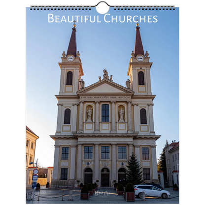 A spiral-bound wall calendar or poster showing a large neoclassical church facade under a clear blue sky, with the title 'Beautiful Churches' printed across the top. Calendar available in A4, A3, LT and Ledger US sizes