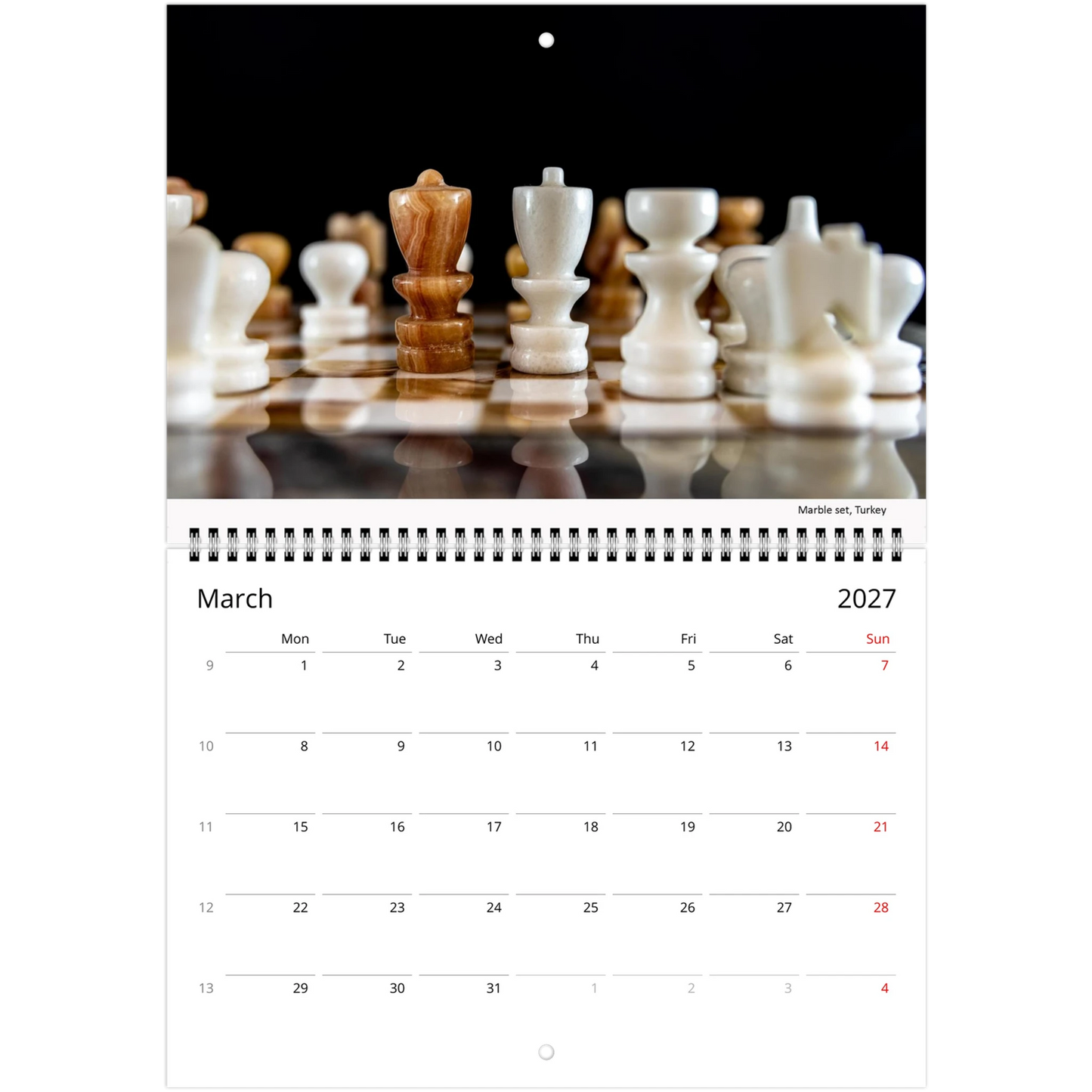 2027 Chess Wall Calendar interior page — fine art chess photography by Istvan Maar Photography